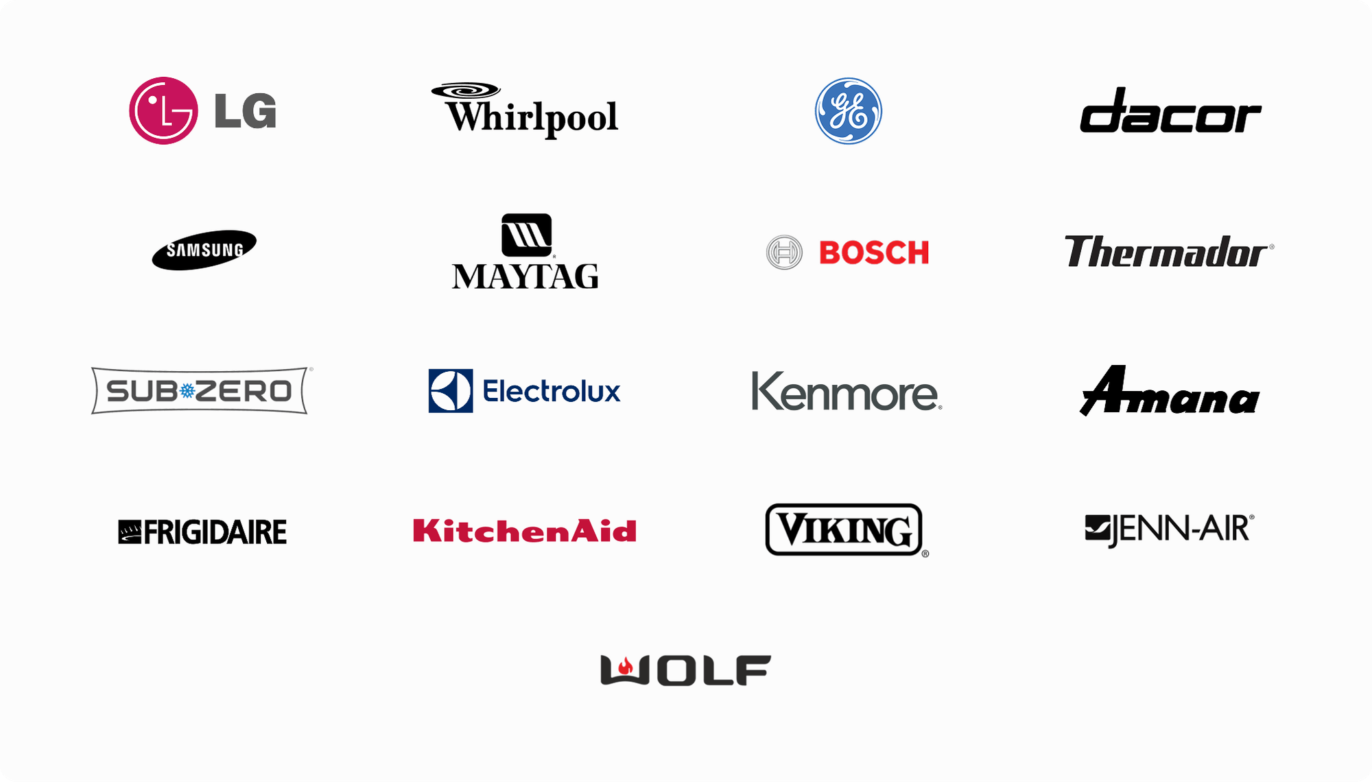 Appliance brand logos: LG, Whirlpool, GE, Dacor, Samsung, Maytag, Bosch, Thermador, Sub-Zero, Electrolux, Kenmore, Amana, Frigidaire, KitchenAid, Viking, JennAir, and Wolf